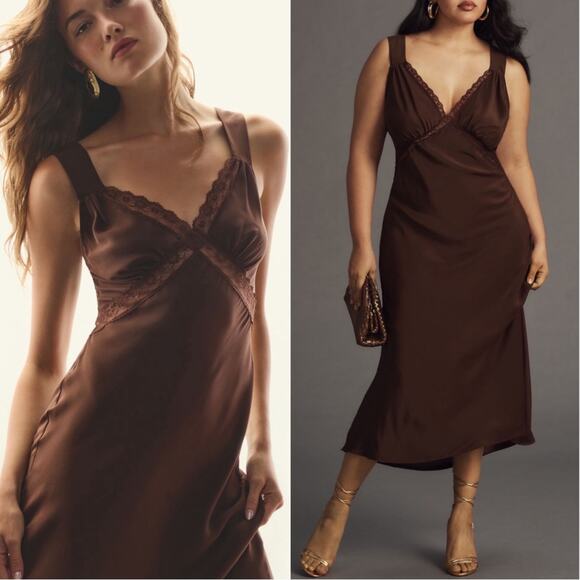 Reformation Provence Lace Trim Silk Cafe Brown Slip Maxi Dress Size 3X - Picture 1 of 9
